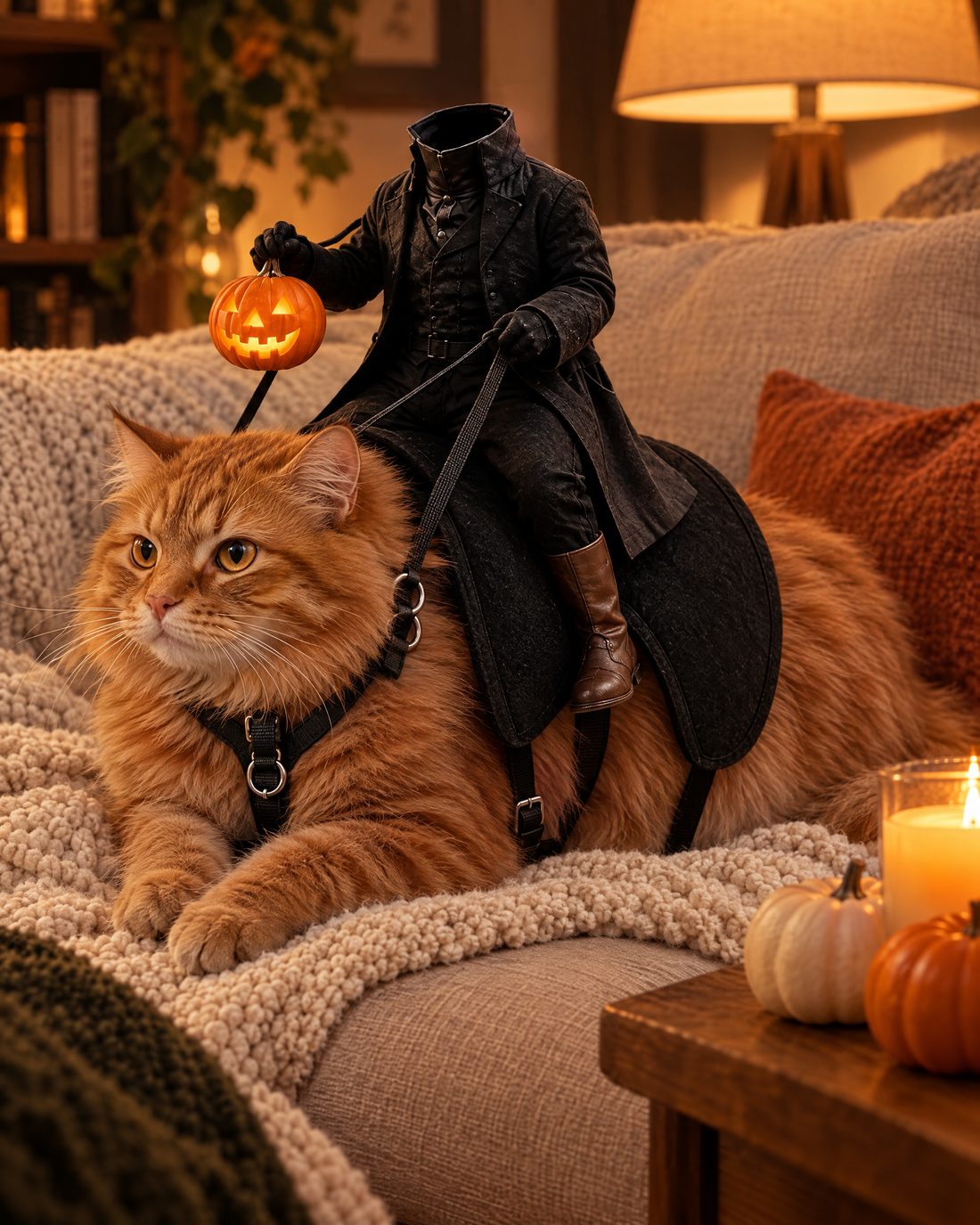 Ginger cat relaxing on a knit blanket wearing the Headless Horseman costume
