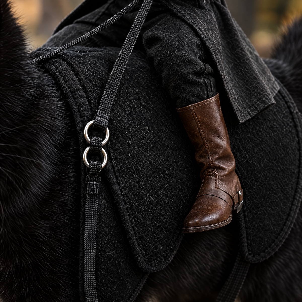 Close-up of the felt saddle, the metal rings, the reins and the rider's brown boot