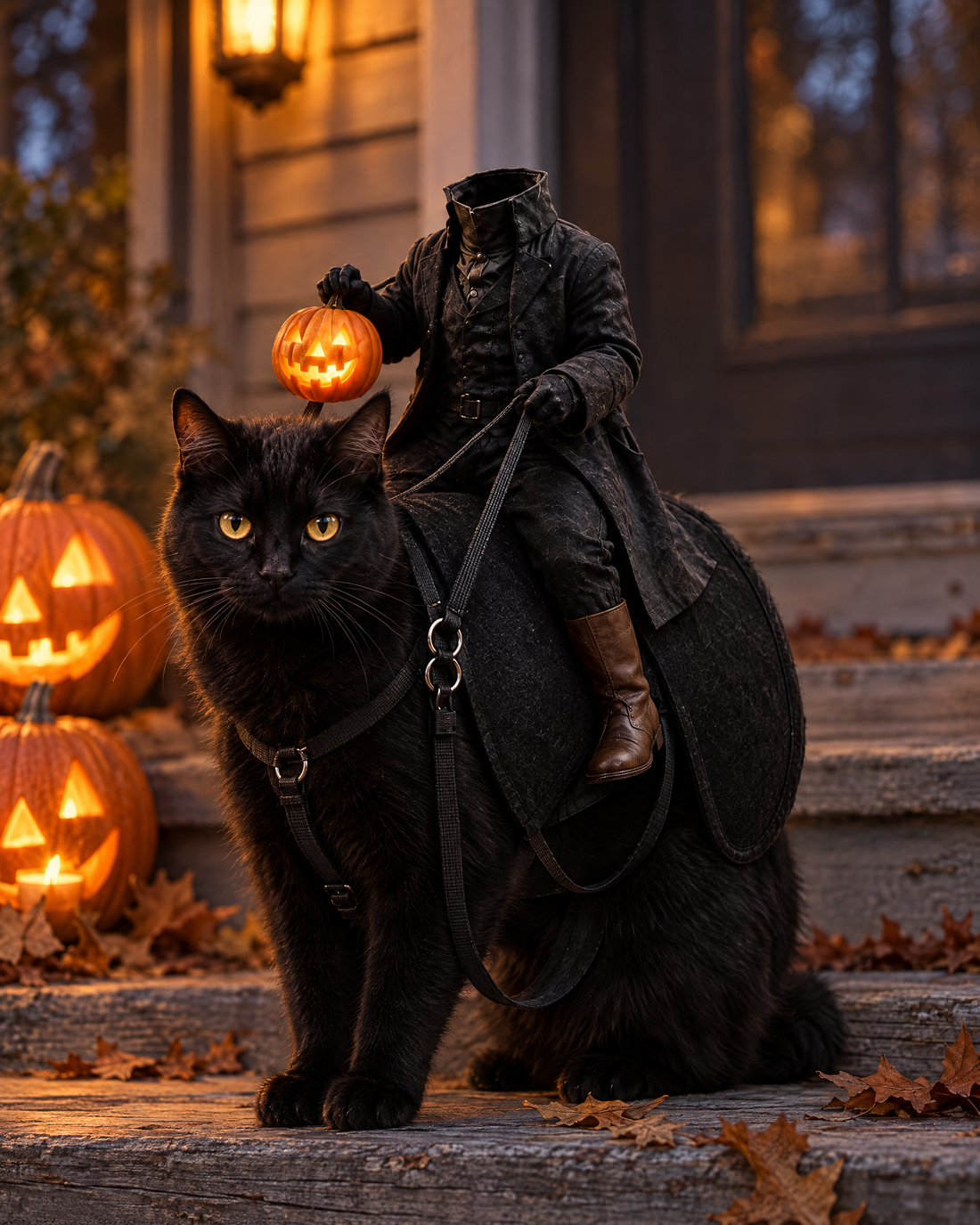 Black cat wearing the Headless Horseman costume on porch steps beside carved pumpkins
