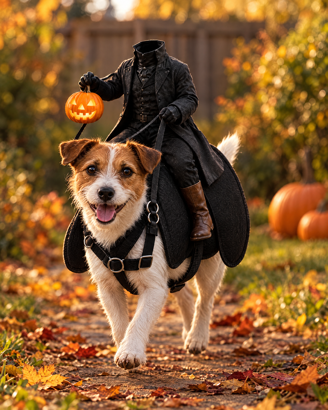 Jack Russell terrier trotting down a leafy garden path in the Headless Horseman costume