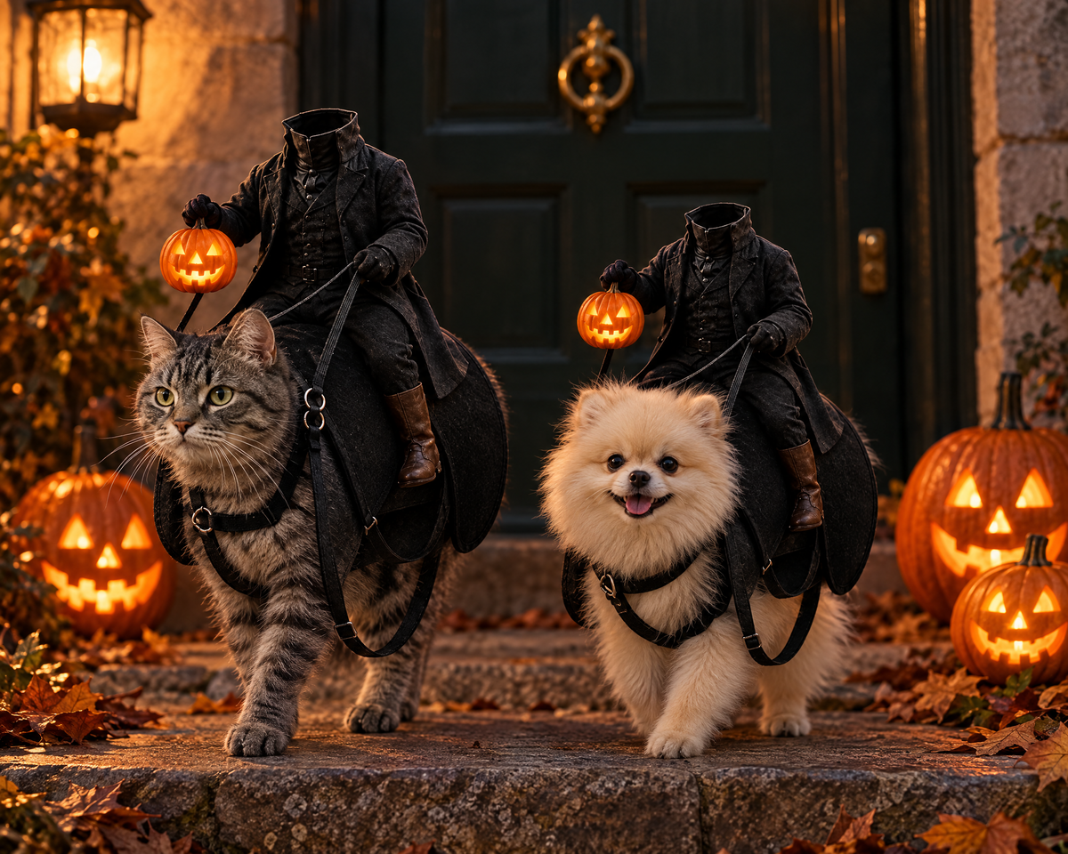 A tabby cat and a Pomeranian side by side, each wearing the Headless Horseman costume