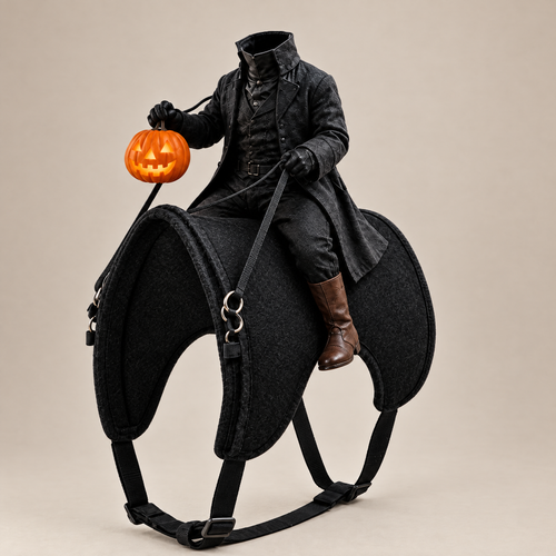 Headless Horseman pet costume on a plain background: a headless rider in a black coat holding a pumpkin lantern, on a black felt saddle with straps
