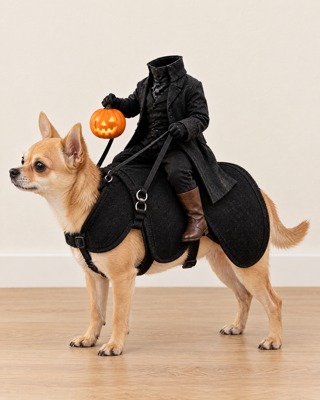Side view of a Chihuahua in the costume, showing the chest and belly straps