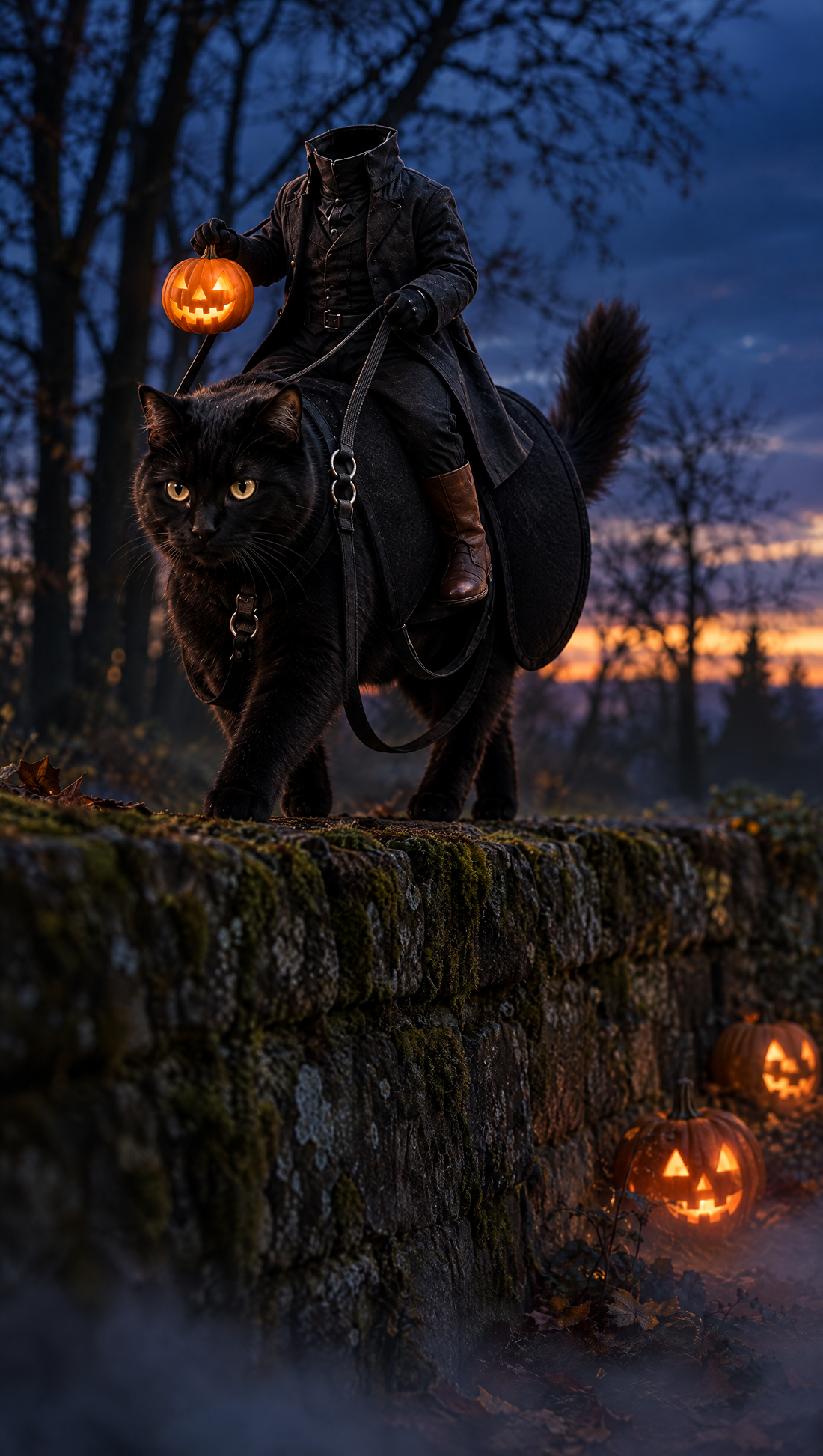 Black cat in the Headless Horseman costume on a mossy stone wall at dusk, lit pumpkins below