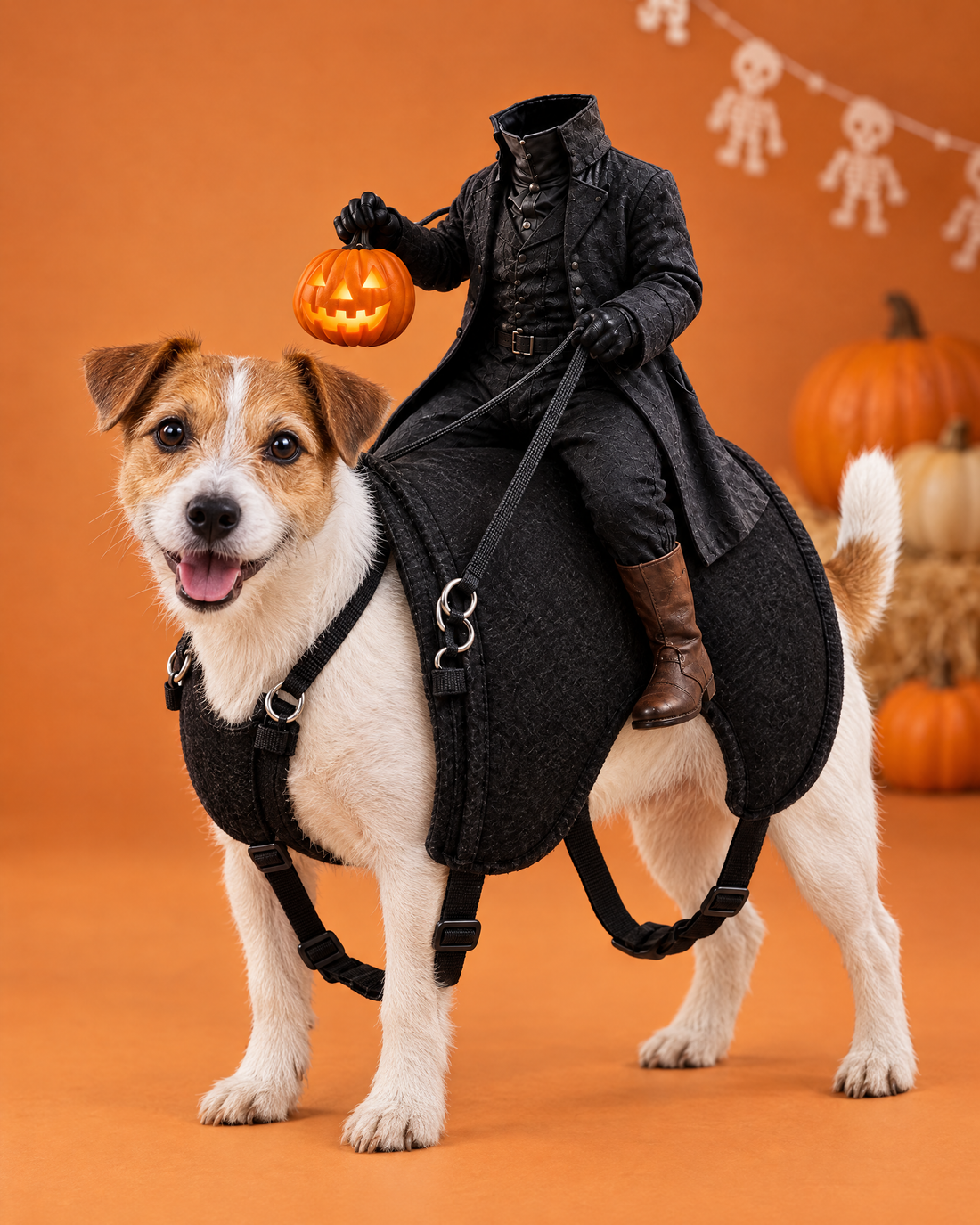 Jack Russell terrier wearing the Headless Horseman costume on an orange studio backdrop with pumpkins