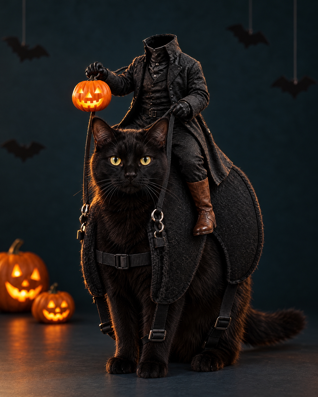 Black cat wearing the Headless Horseman costume on a dark studio backdrop with paper bats and jack-o'-lanterns
